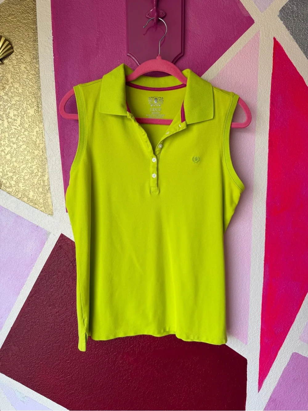 Izod Sleeveless Polo Sz M Lime Green Pink Trim Cotton Stretch Golf
